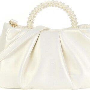 Evening Clutch Pearl Purses for Women Ladies Soft Leather Ruched Crossbody Bags